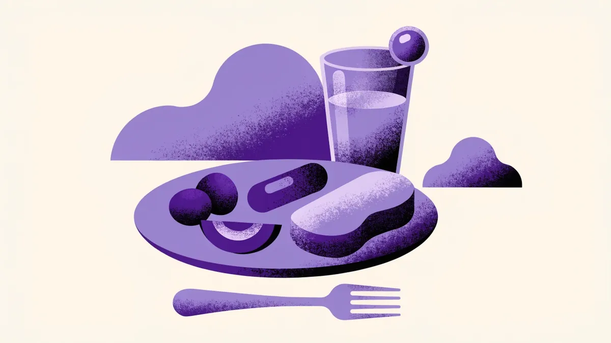 Illustrazione: un piatto con verdure e pane, una forchetta e un bicchiere d'acqua con una bustina accanto al piatto.