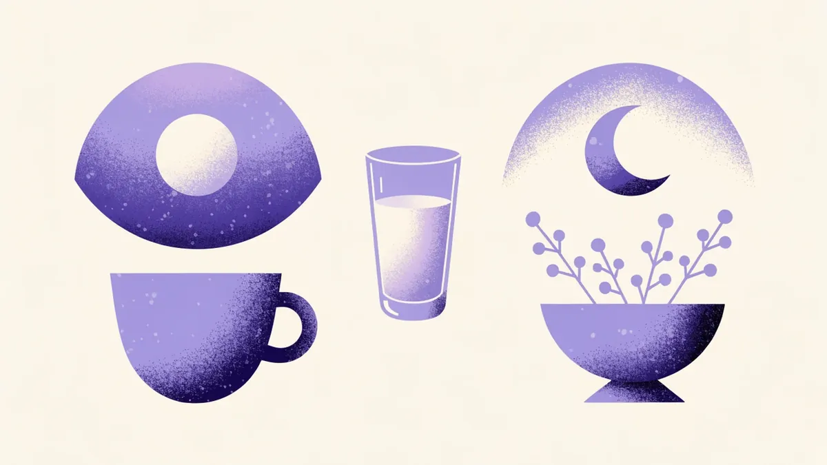 Illustrazione divisa in due: a sinistra il sole del mattino e una tazza di caffè, a destra la luna e una tisana, in mezzo un bicchiere d'acqua.