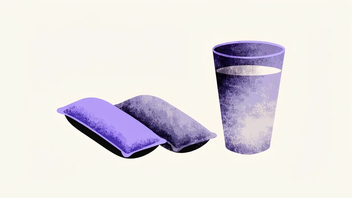 Illustrazione: due bustine affiancate vicino a un bicchiere d'acqua, una in evidenza e la seconda sbiadita.